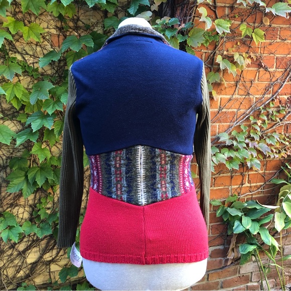 Zip Up Sweater Wool Cotton Upcycled Patchwork Medium Embody Blue Red Green - Picture 3 of 7
